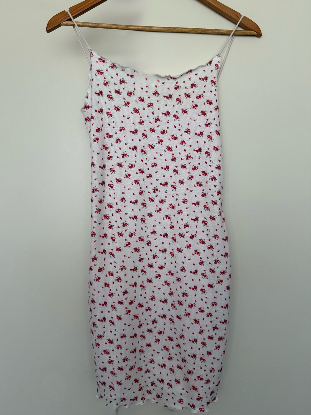 90s Y2K White Ribbed Lettuce Hem Red Floral Mini Slip Dress S/M